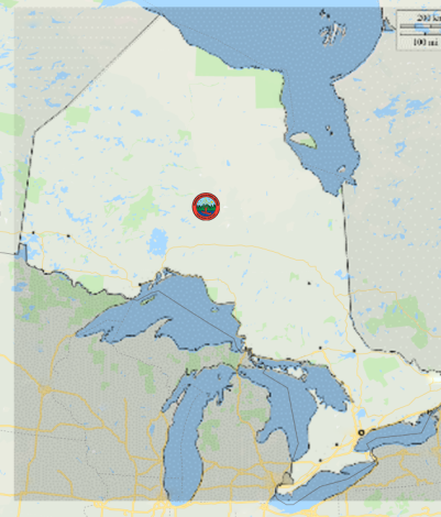 Map of the Province of Ontario indicating the location of Marten Falls First Nation within the province.
