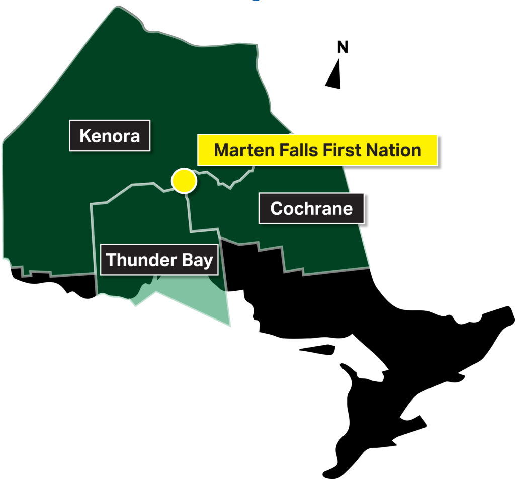 Map of Ontario highlighting the location of Marten Falls First Nation