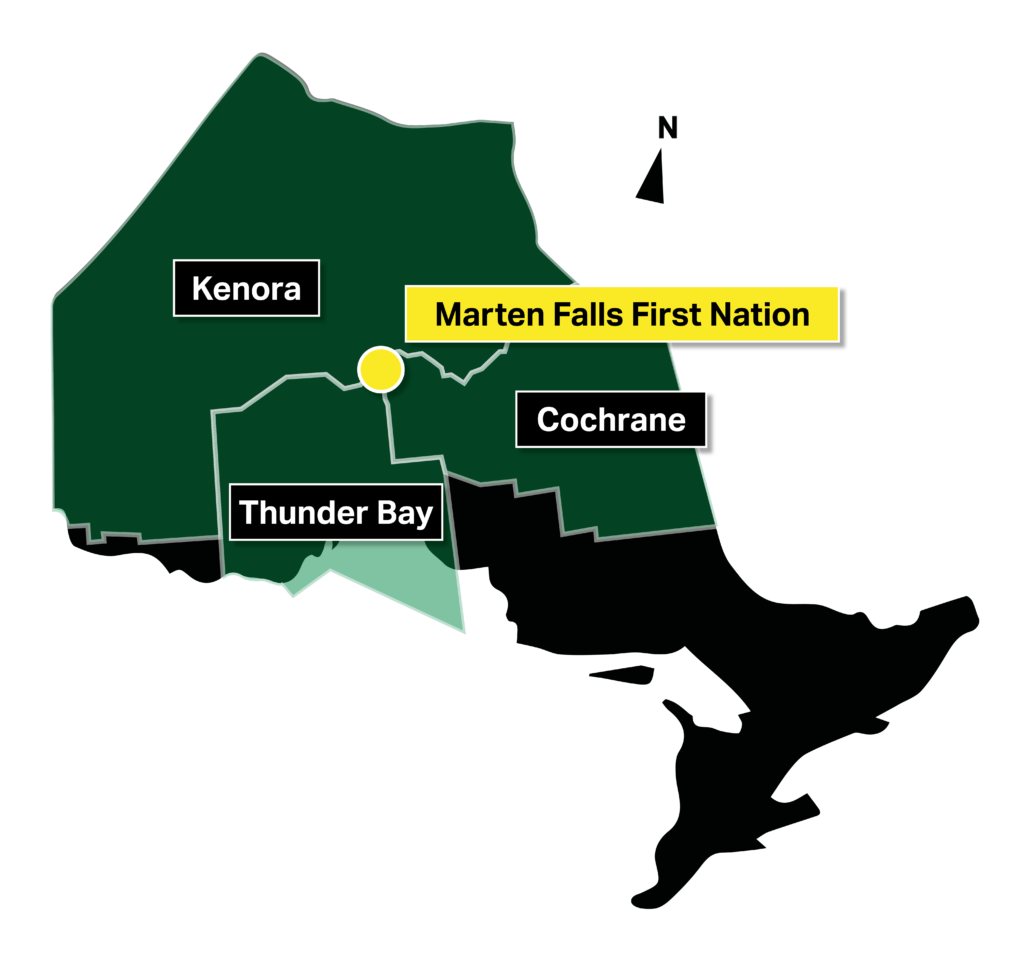 Map of Ontario highlighting the location of Marten Falls First Nation