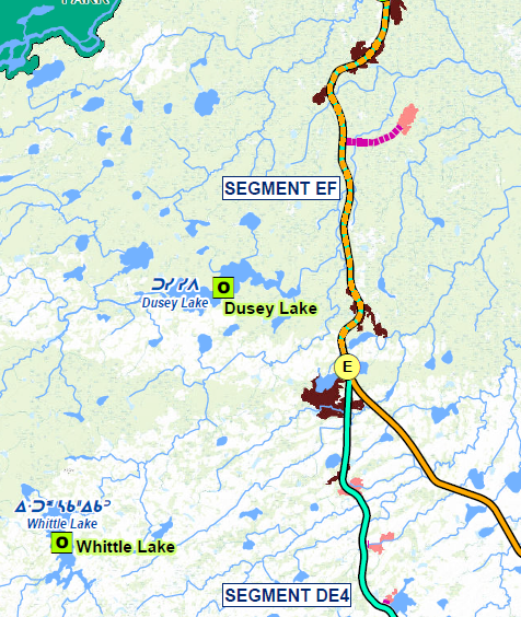 A zoomed in map showing a segment of a route alternative