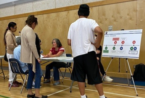 MFFN - Community boards Photo of three individuals talking and looking at a poster.