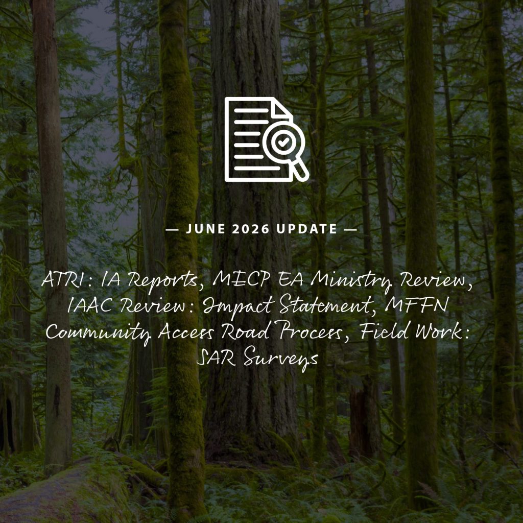 Banner showing a forest background with the heading “June 2026 Update” and topics including ATRI IA Reports, MICP EA Ministry Review, IAAC Review Impact Statement, MFFN Community Access Road Process, and Field Work SAR Surveys.