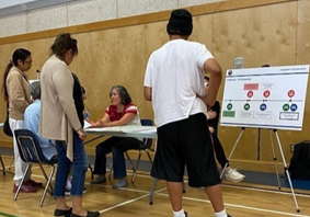 MFFN - Community boards Photo of three individuals talking and looking at a poster.