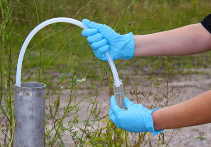 The photo shows a groundwater well with a small hose used to gather a water sample